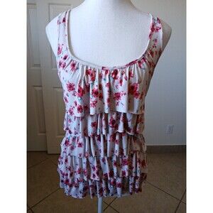 Wet Seal Women's Top Medium Pink Red Stretch Floral Ruffled Sleeveless Shirt‎